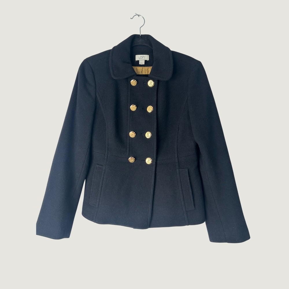 Ann Taylor Loft Pea Coat Womens 6 Black Wool Blend Double Breasted Gold Buttons